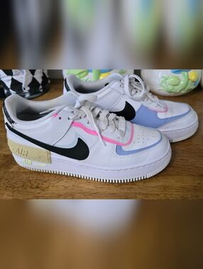 Nike Air Force 1 Low White with Black Swoosh, Pink & Periwinkle Accents